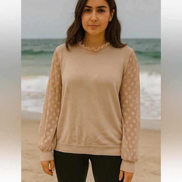 Adrianna Papell Sheer Diamond Sleeve Light Pink Scalloped Neckline Size Large - Picture 1 of 6